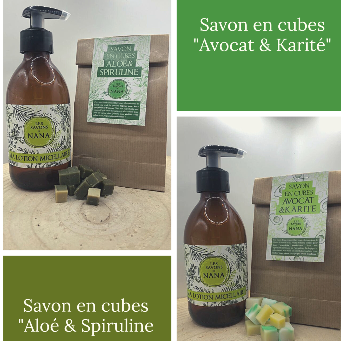 Flacons de 250ml en verre ambré avec cubes de savon naturels